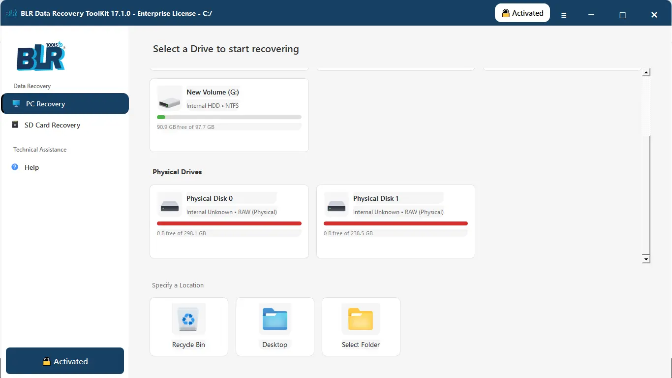 BLR data recovery toolkit home screen