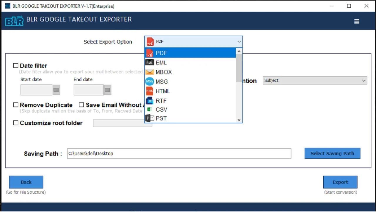 BLR Google Takeout Converter home screen