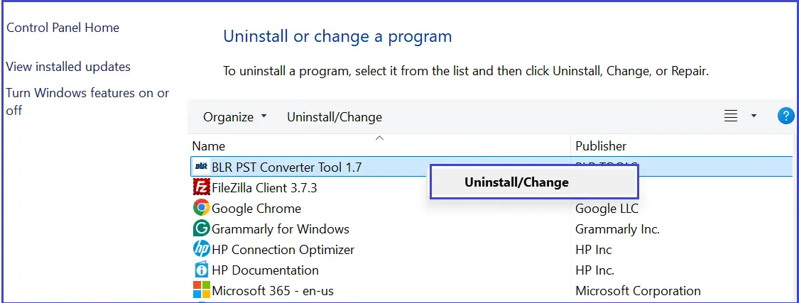 uninstall BLR PST converter program