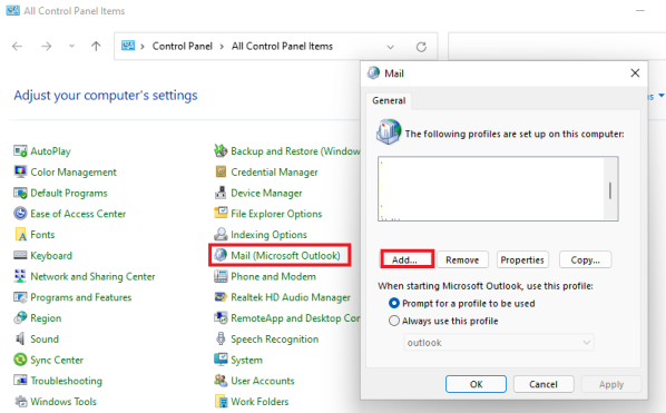 create outlook new profile