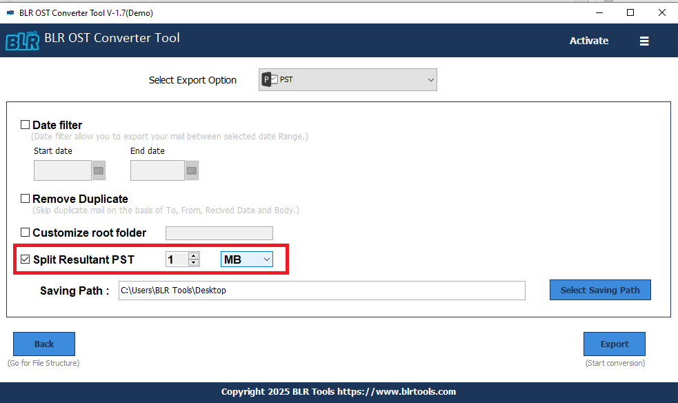 Select the size of splitted file