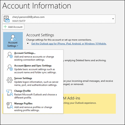 change Outlook account settings