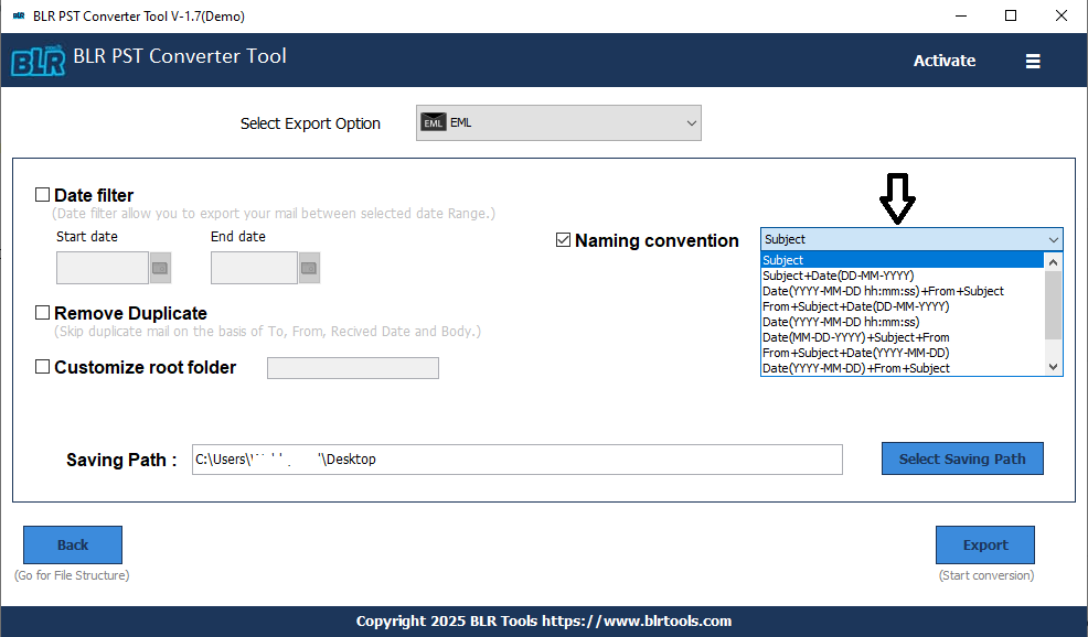 file nameing option eml