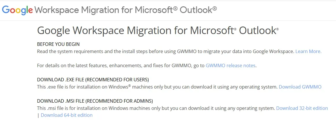 Download the Google Workspace Migration for Microsoft Outlook (GWMMO) tool